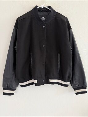Hollister Black Bomber Varsity Mixed Media Jacket with White Stripe Trim